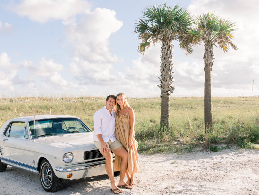 Mustang and palm trees on Pensacola Beach Engagement Photoshoot