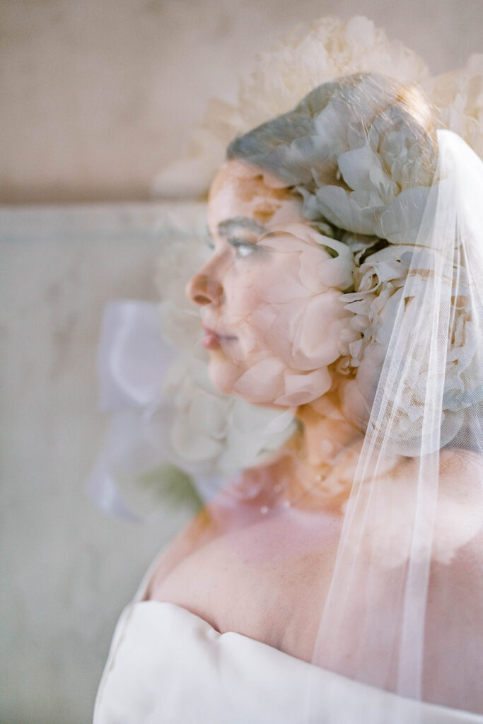 Double Exposure of Flowers and bride with veil in new orleans